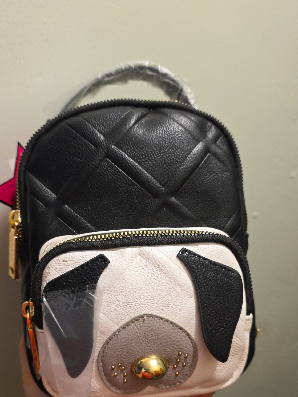 Betsey Johnson Black and Pink Puppy Face Mini Backpack